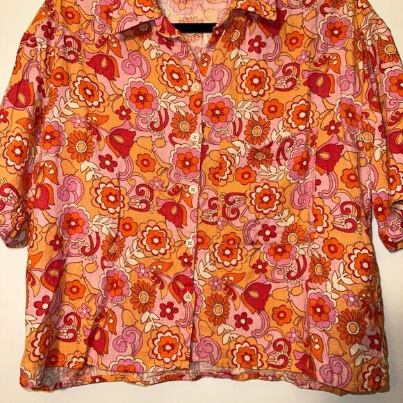 Social Tourist Groovy Retro Floral Pattern Pink Orange Collared Button Shirt Med - Picture 2 of 13